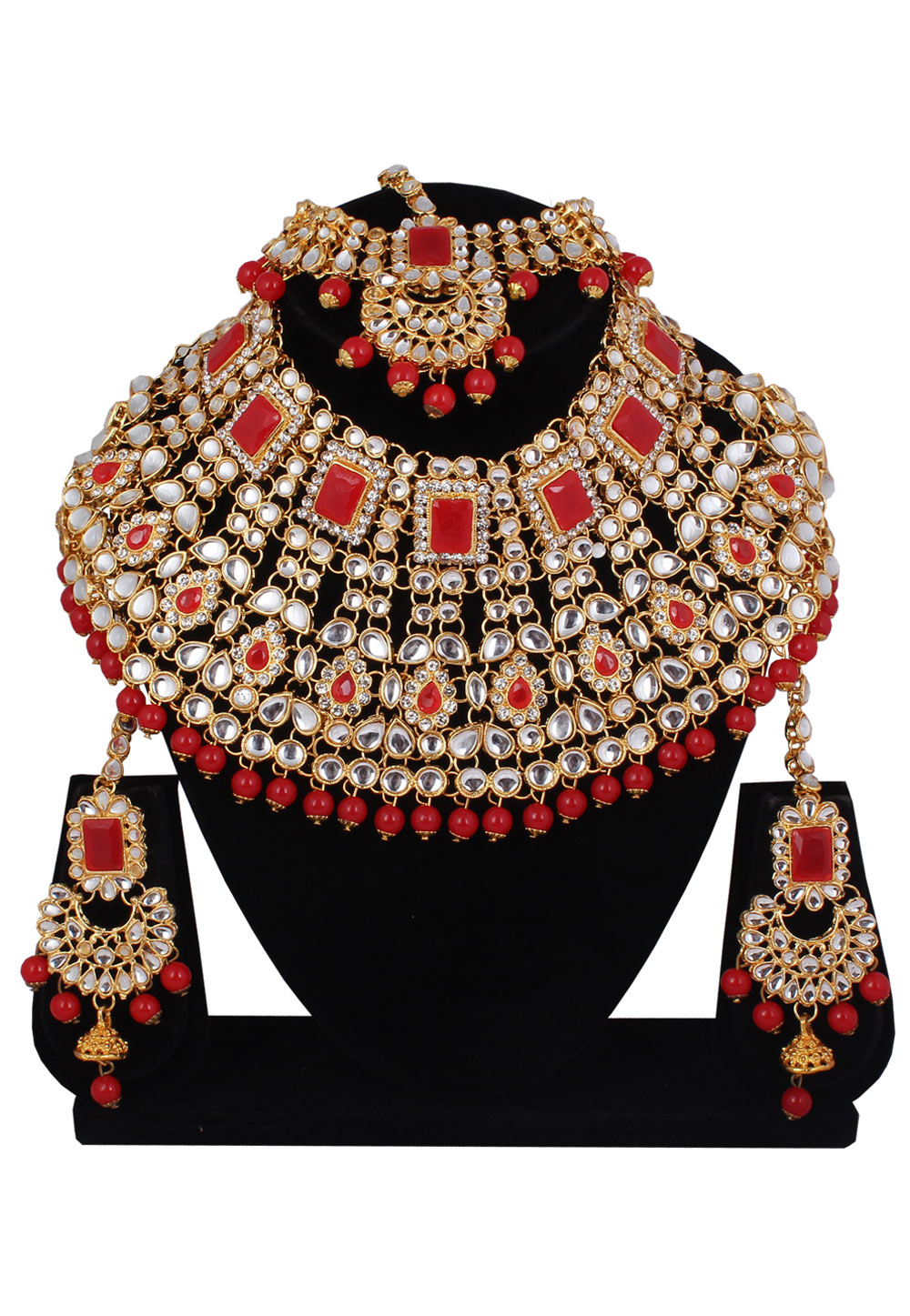 Red Alloy Necklace Set With Earrings and Maang Tikka 257280