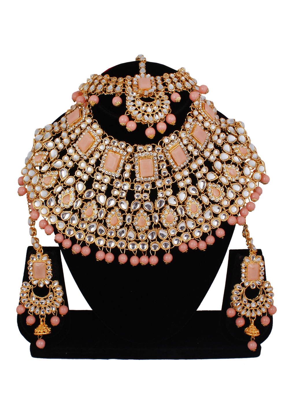 Peach Alloy Necklace Set With Earrings and Maang Tikka 257281