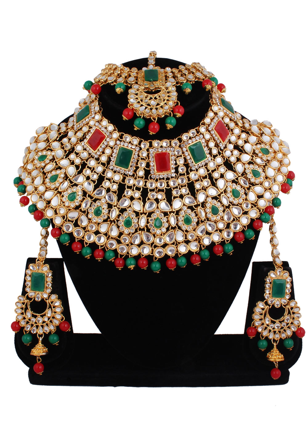 Green Alloy Necklace Set With Earrings and Maang Tikka 257283