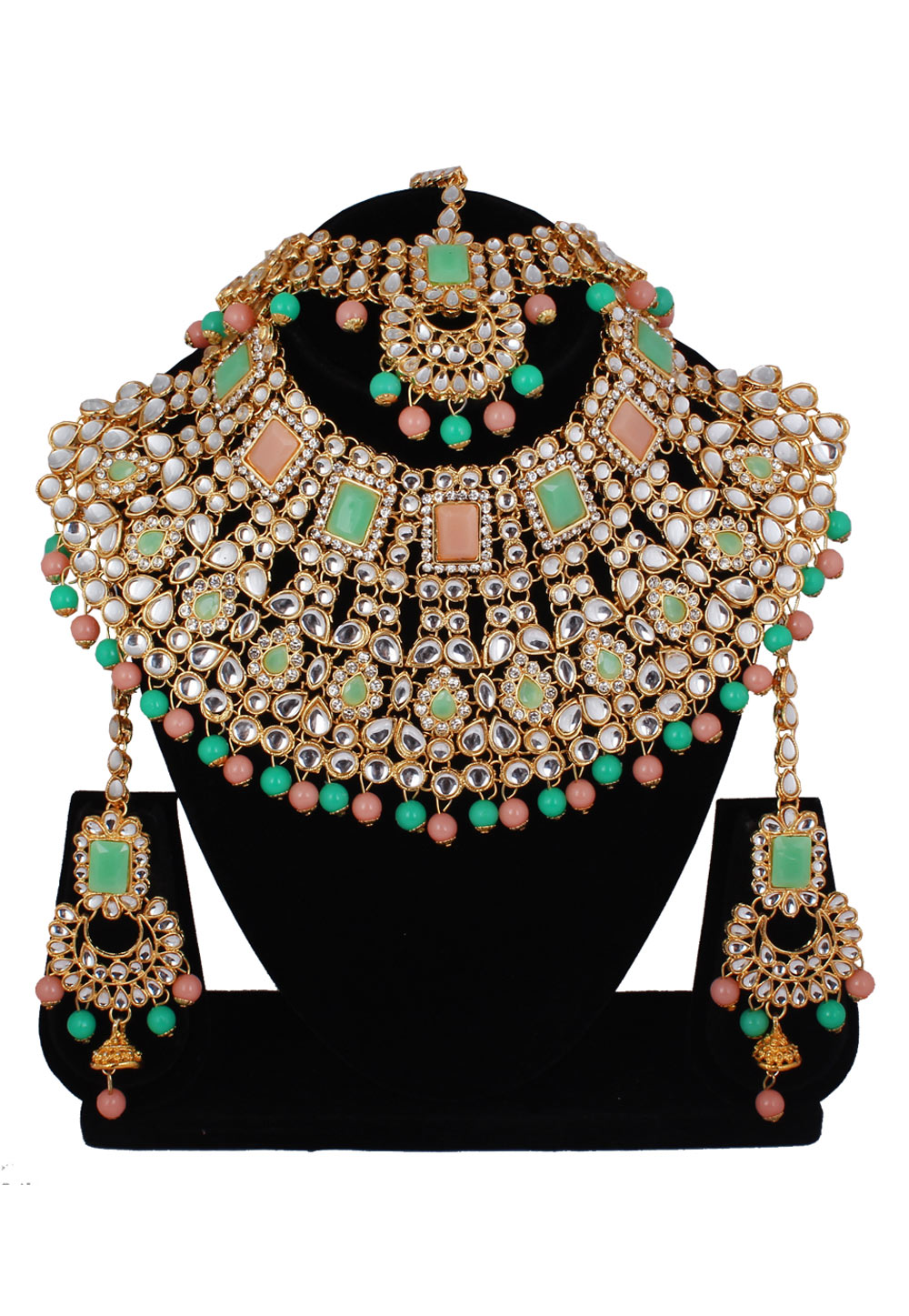 Light Green Alloy Necklace Set With Earrings and Maang Tikka 257284