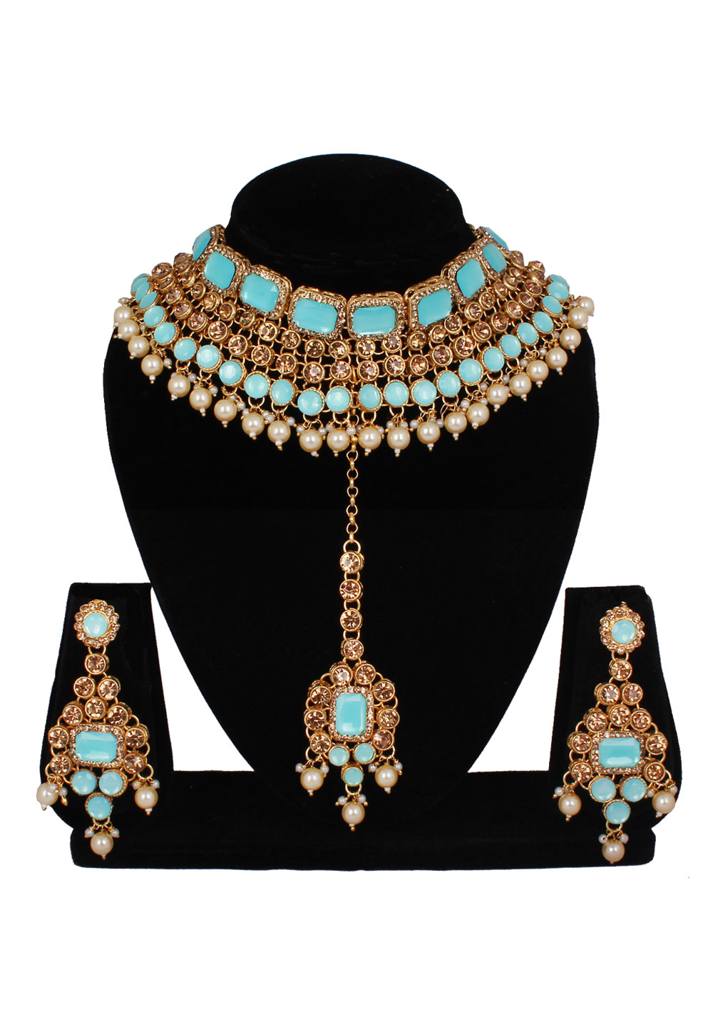 Sky Blue Alloy Necklace Set With Earrings and Maang Tikka 257286
