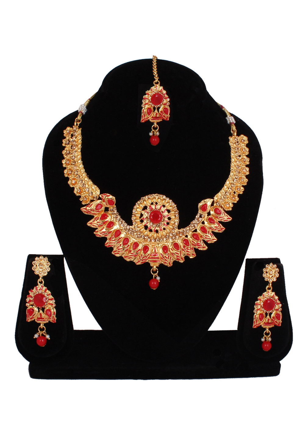Red Alloy Necklace Set With Earrings and Maang Tikka 257288