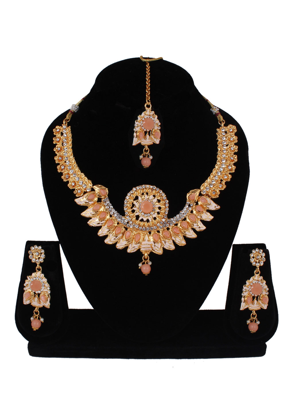 Peach Alloy Necklace Set With Earrings and Maang Tikka 257290