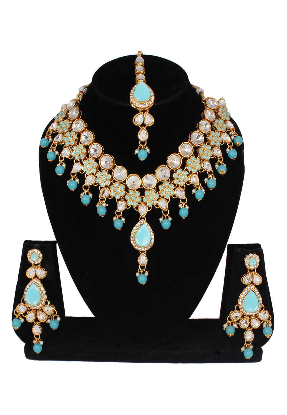 Sky Blue Alloy Necklace Set With Earrings and Maang Tikka 257291