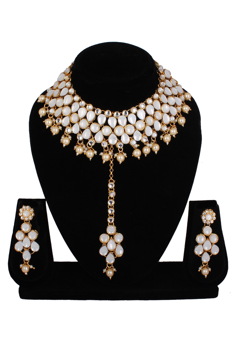 Off White Alloy Necklace Set With Earrings and Maang Tikka 257292