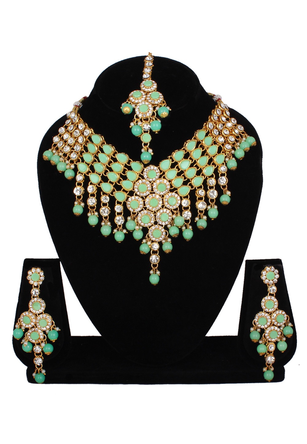 Sea Green Alloy Necklace Set With Earrings and Maang Tikka 257293