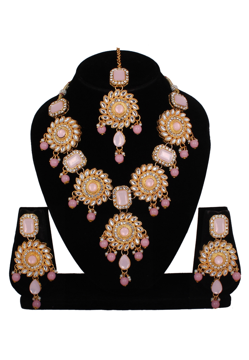 Pink Alloy Necklace Set With Earrings and Maang Tikka 257294