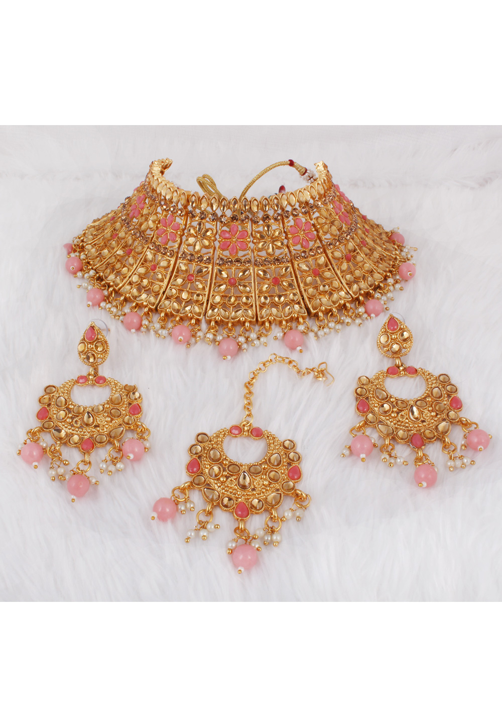 Pink Alloy Necklace Set With Earrings and Maang Tikka 257295