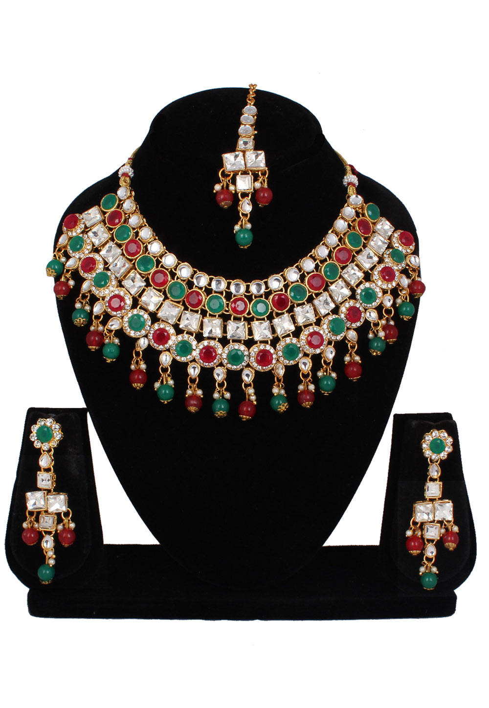 Green Alloy Necklace Set With Earrings and Maang Tikka 257298