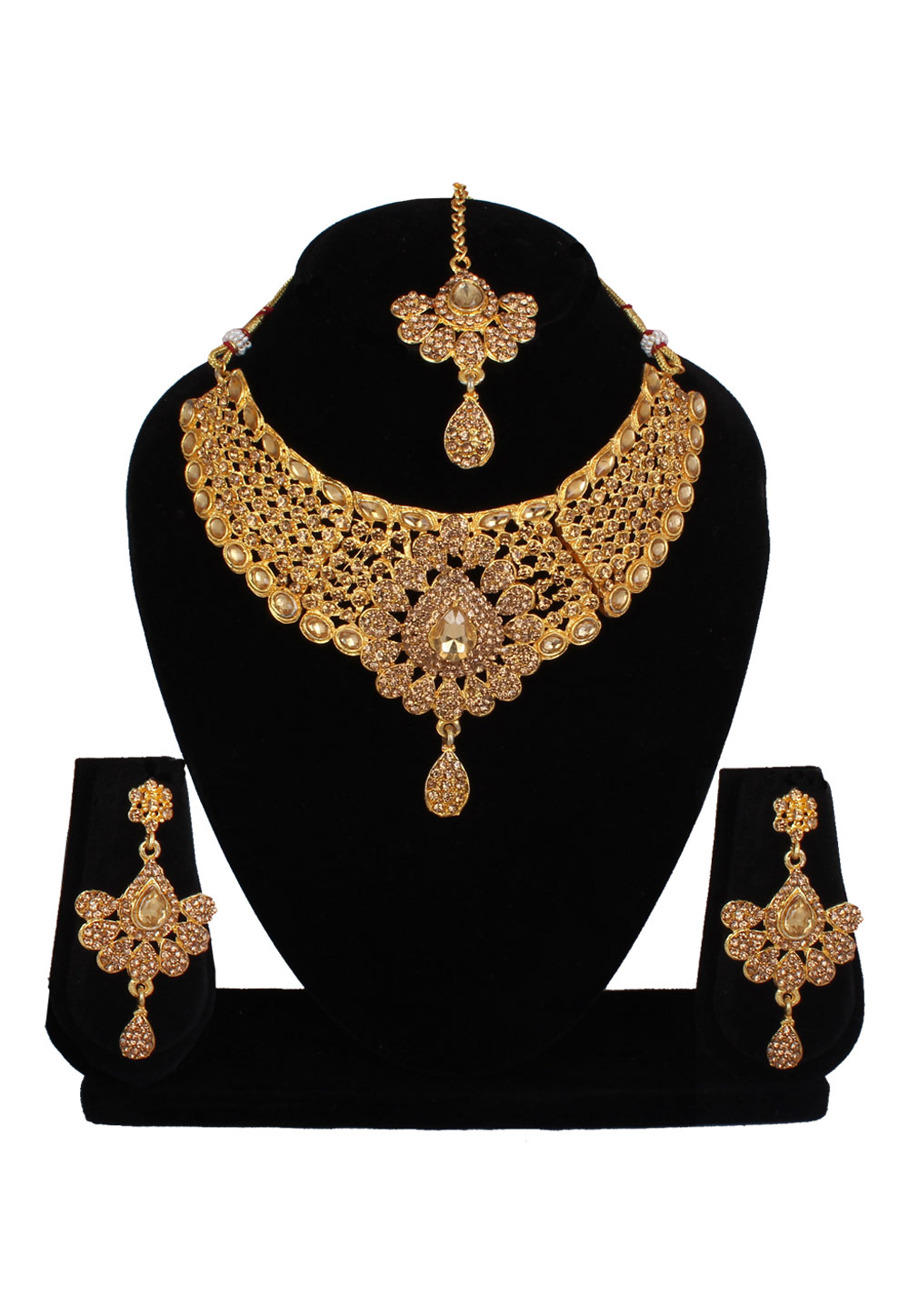 Golden Alloy Necklace Set With Earrings and Maang Tikka 257299