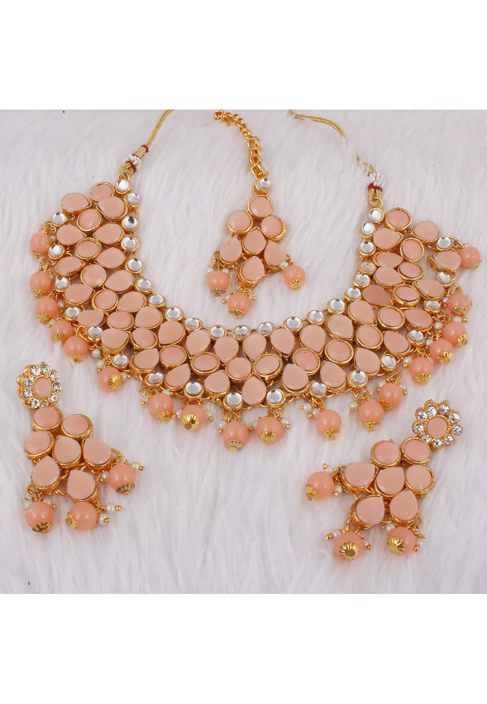 Peach Alloy Necklace Set With Earrings and Maang Tikka 257301