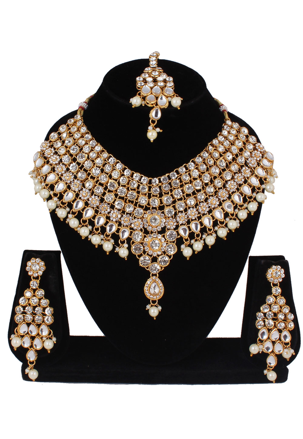 Off White Alloy Necklace Set With Earrings and Maang Tikka 257302