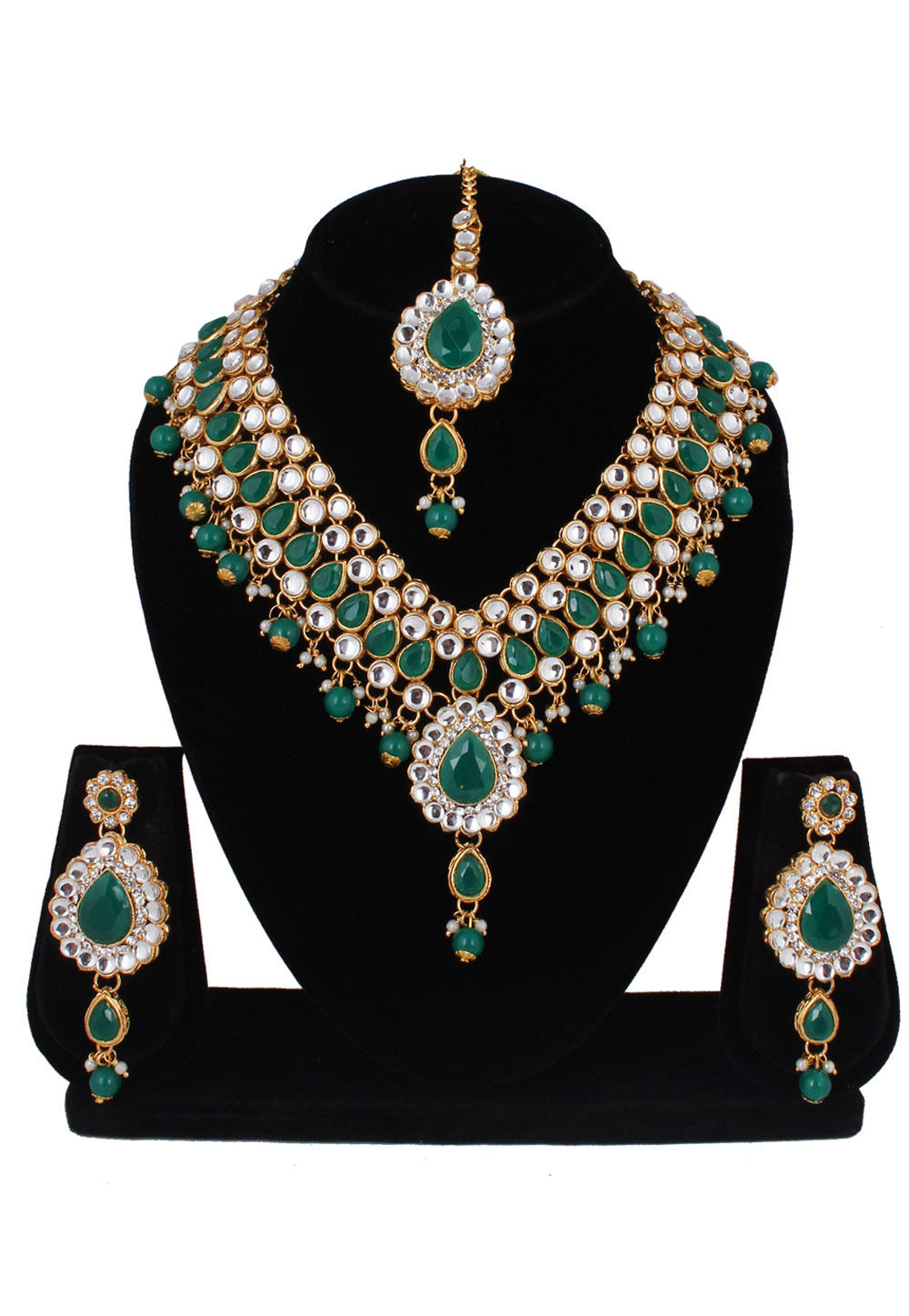 Green Alloy Necklace Set With Earrings and Maang Tikka 257303