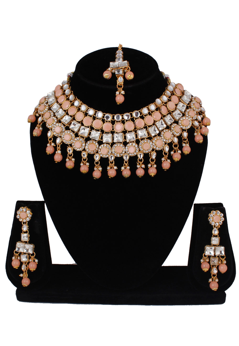 Peach Alloy Necklace Set With Earrings and Maang Tikka 257304