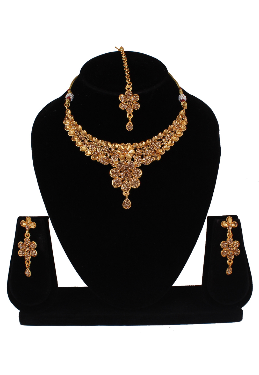 Golden Alloy Necklace Set With Earrings and Maang Tikka 257306