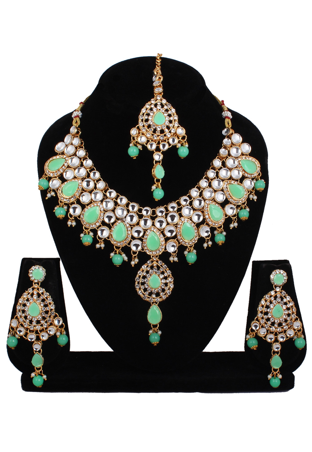 Sea Green Alloy Necklace Set With Earrings and Maang Tikka 257317