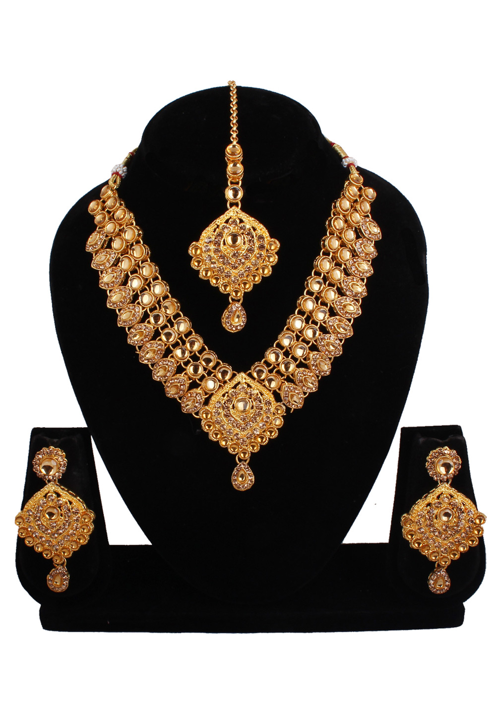 Golden Alloy Necklace Set With Earrings and Maang Tikka 257318