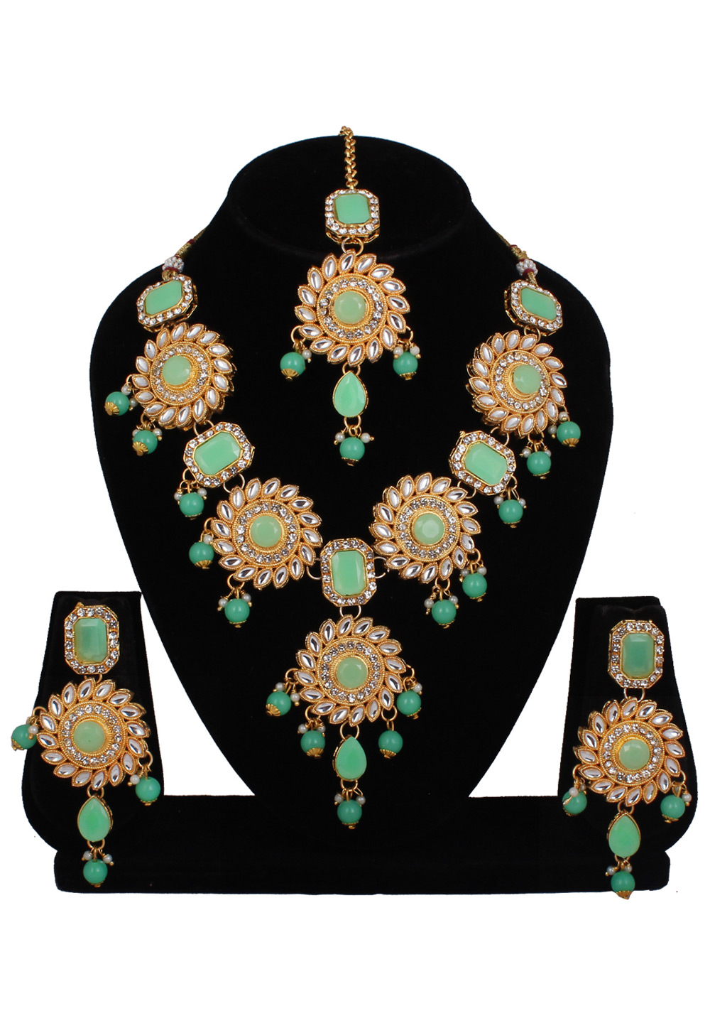 Sea Green Alloy Necklace Set With Earrings and Maang Tikka 257319