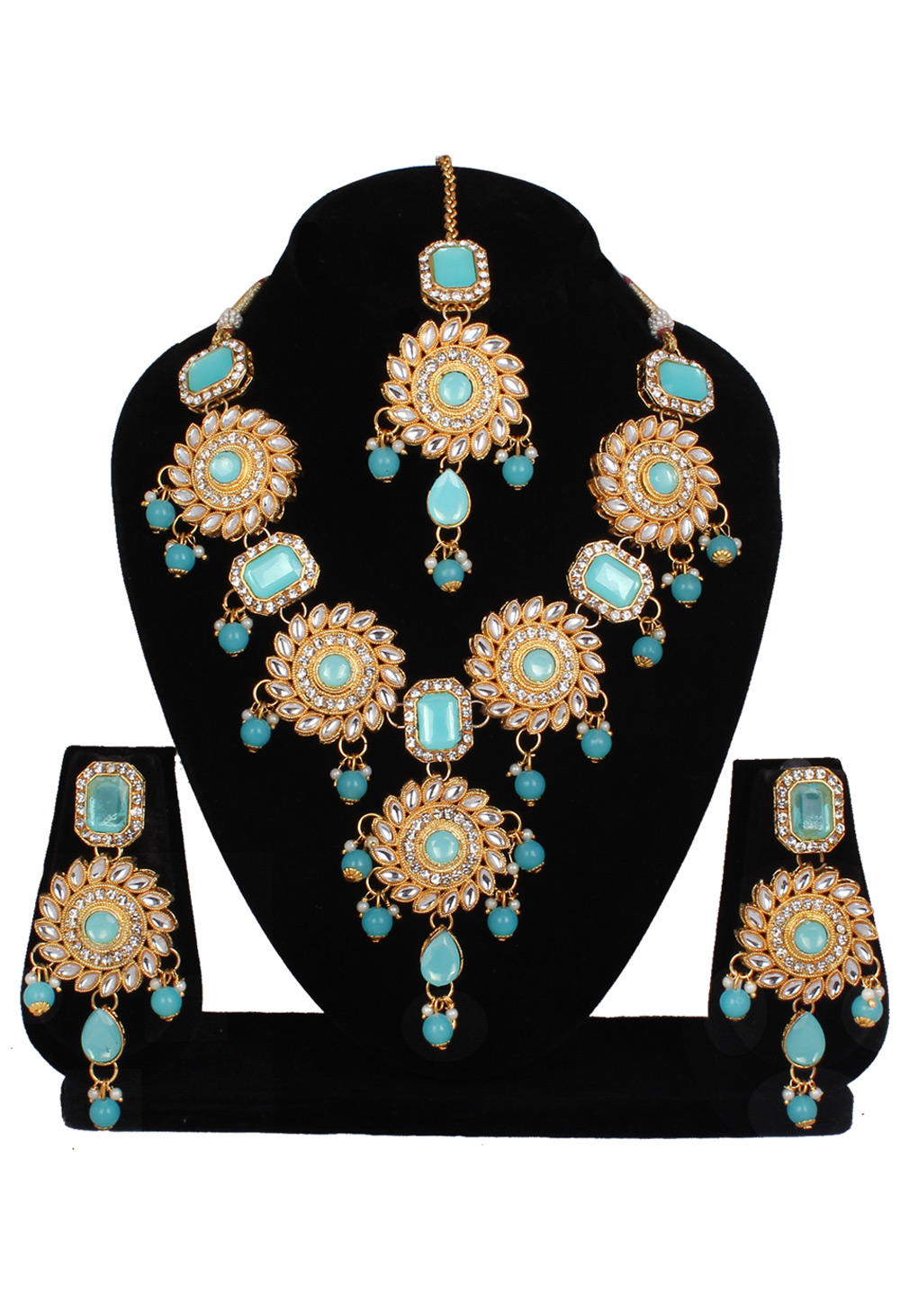 Sky Blue Alloy Necklace Set With Earrings and Maang Tikka 257321