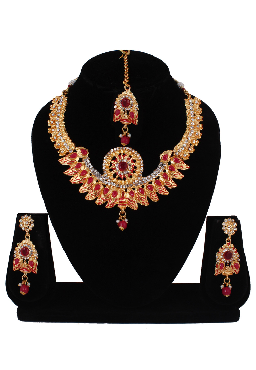 Red Alloy Necklace Set With Earrings and Maang Tikka 257322