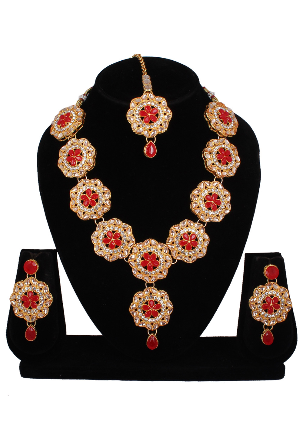 Red Alloy Necklace Set With Earrings and Maang Tikka 257323
