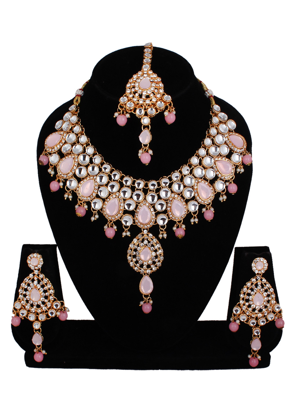 Pink Alloy Necklace Set With Earrings and Maang Tikka 257325