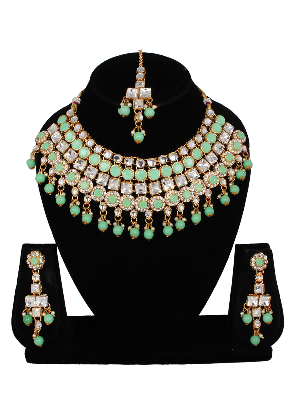 Sea Green Alloy Necklace Set With Earrings and Maang Tikka 257326