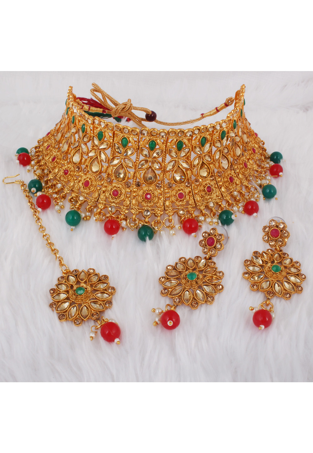 Red Alloy Necklace Set With Earrings and Maang Tikka 257327