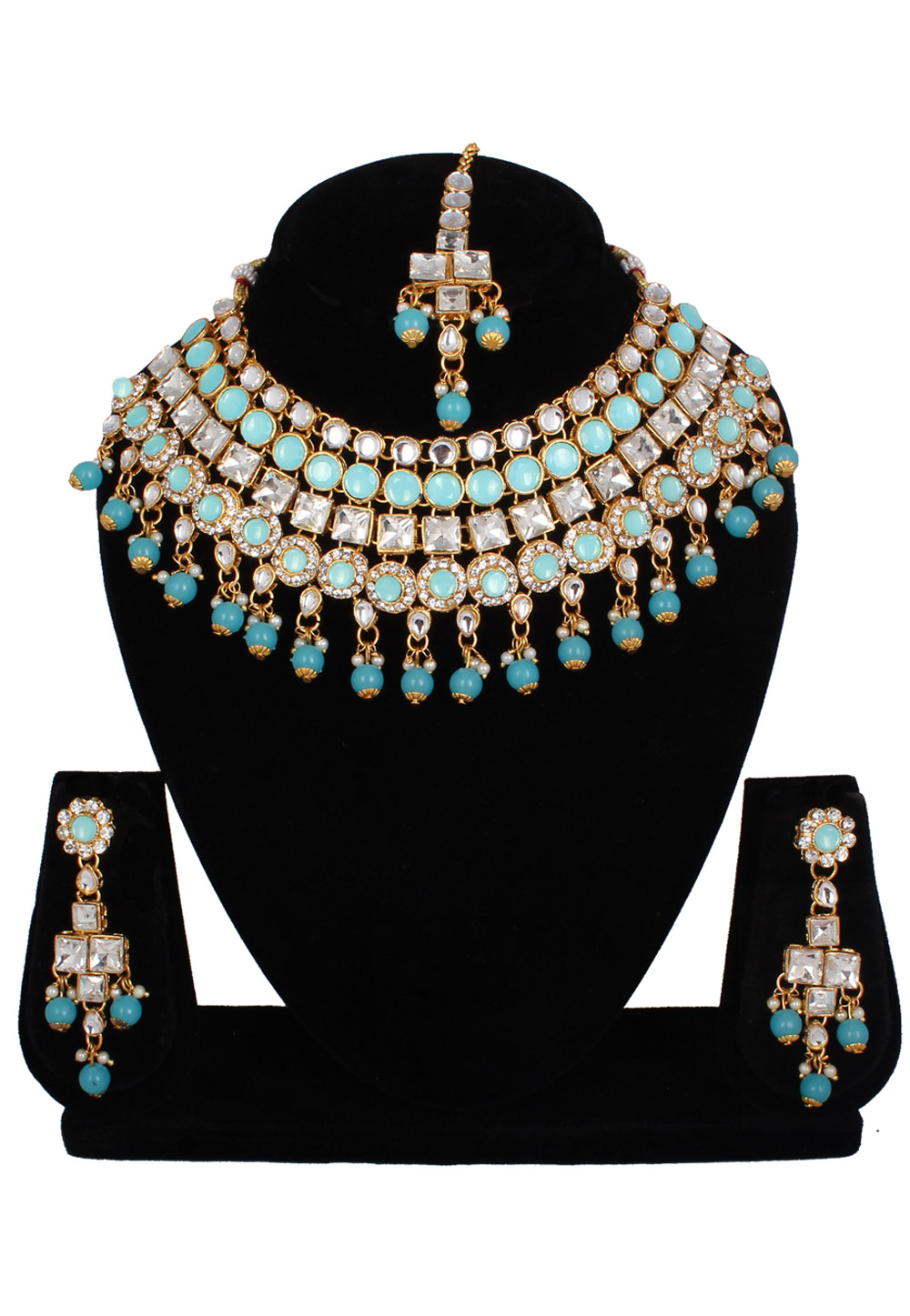 Sky Blue Alloy Necklace Set With Earrings and Maang Tikka 257328