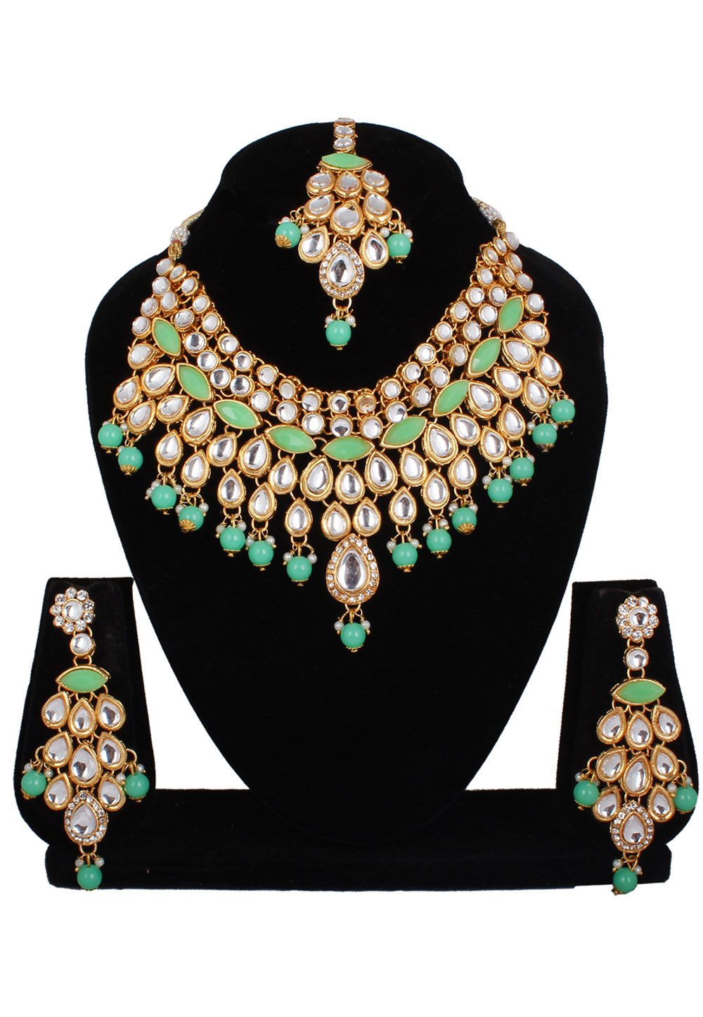Sea Green Alloy Necklace Set With Earrings and Maang Tikka 257329