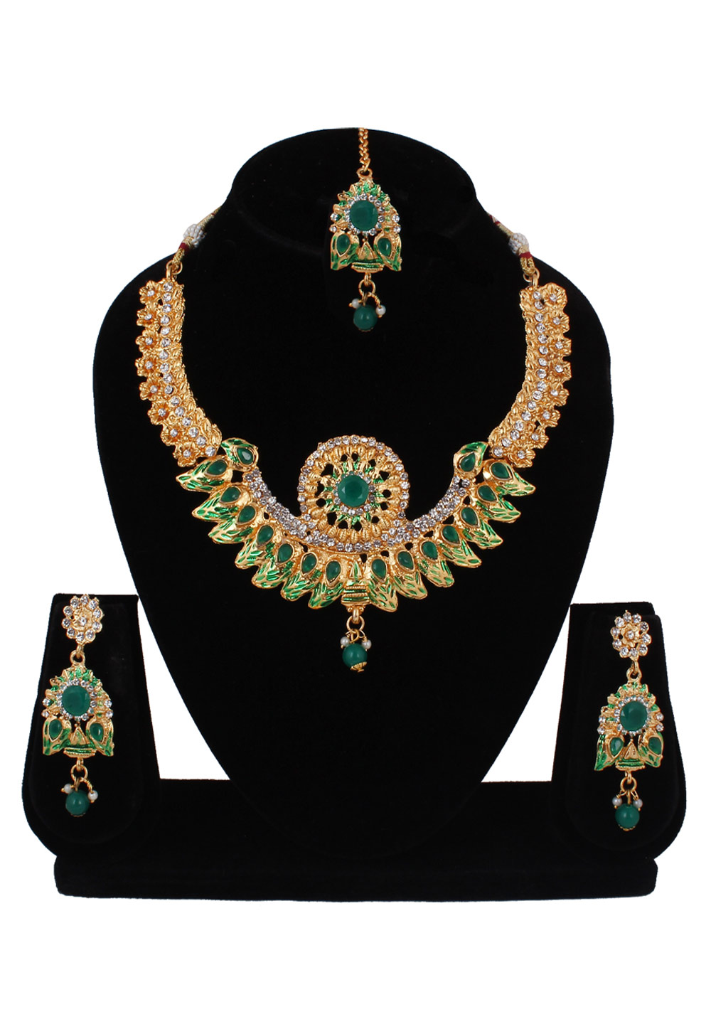 Green Alloy Necklace Set With Earrings and Maang Tikka 257330