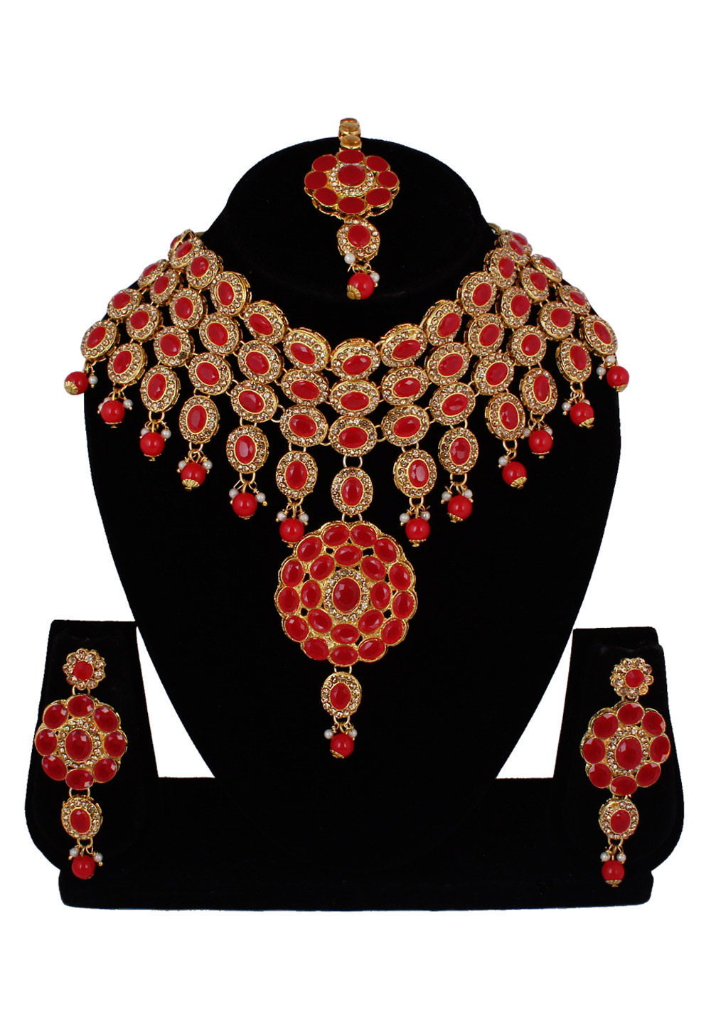 Red Alloy Necklace Set With Earrings and Maang Tikka 257331