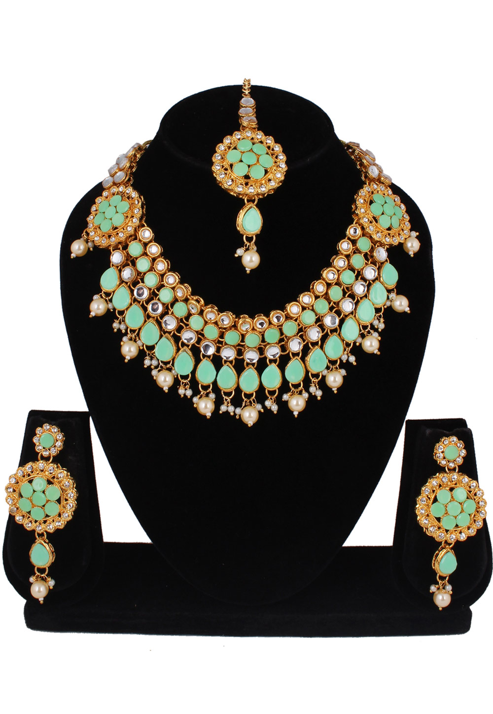 Sea Green Alloy Necklace Set With Earrings and Maang Tikka 257332
