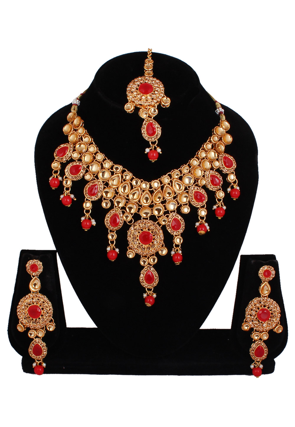 Red Alloy Necklace Set With Earrings and Maang Tikka 257334