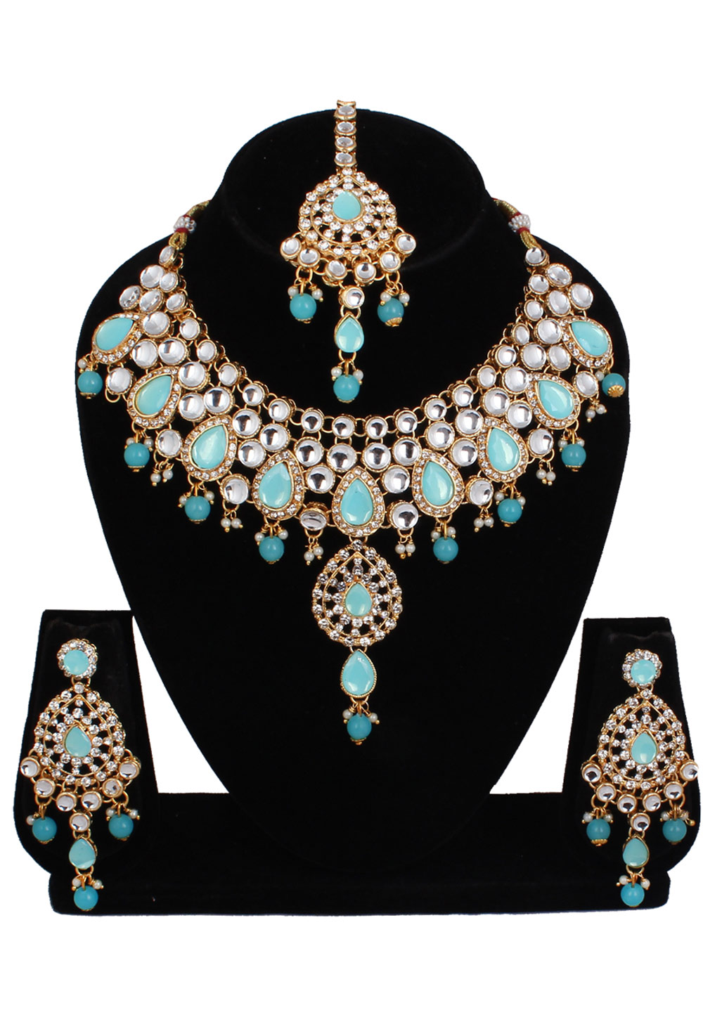 Sky Blue Alloy Necklace Set With Earrings and Maang Tikka 257336