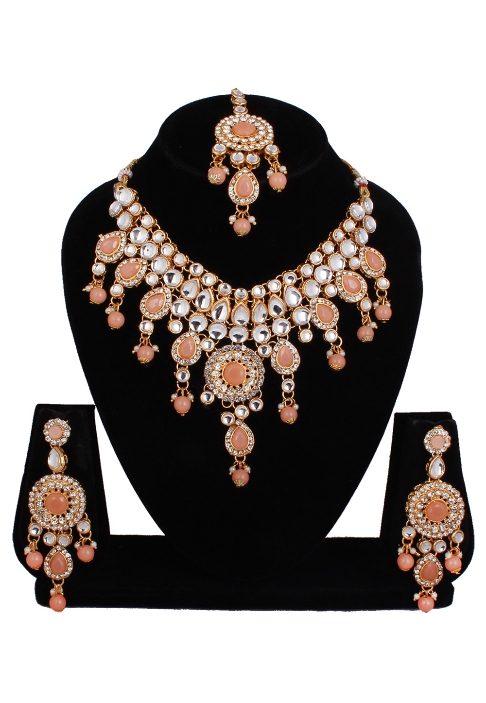 Peach Alloy Necklace Set With Earrings and Maang Tikka 257338