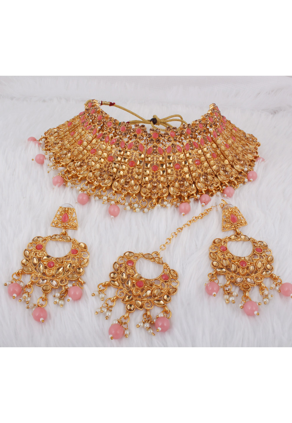 Pink Alloy Necklace Set With Earrings and Maang Tikka 257340