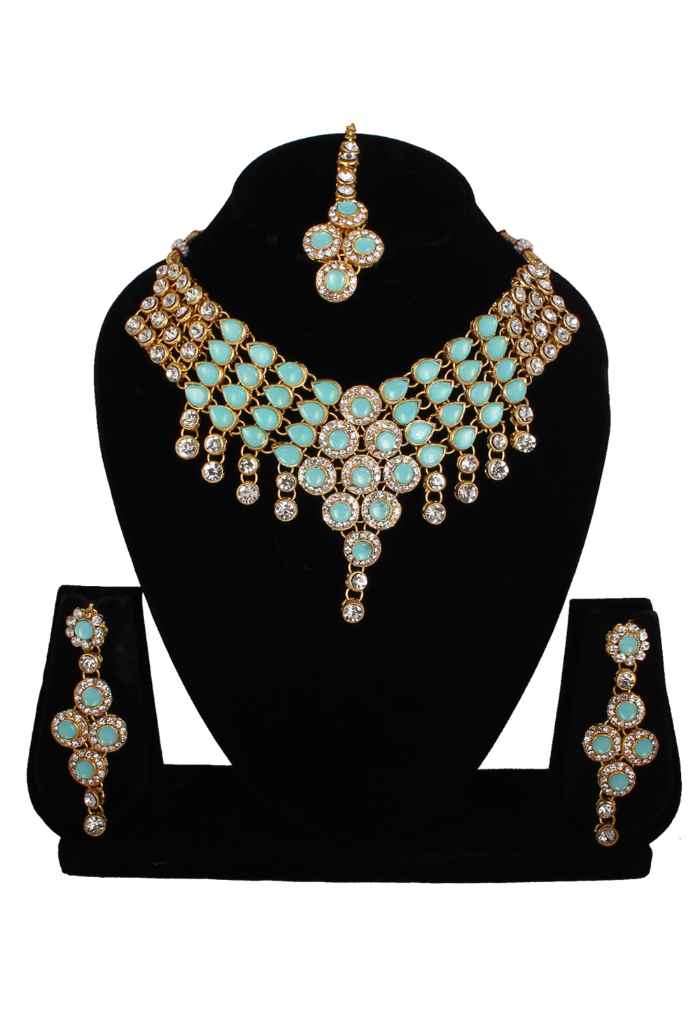 Sky Blue Alloy Necklace Set With Earrings and Maang Tikka 257341