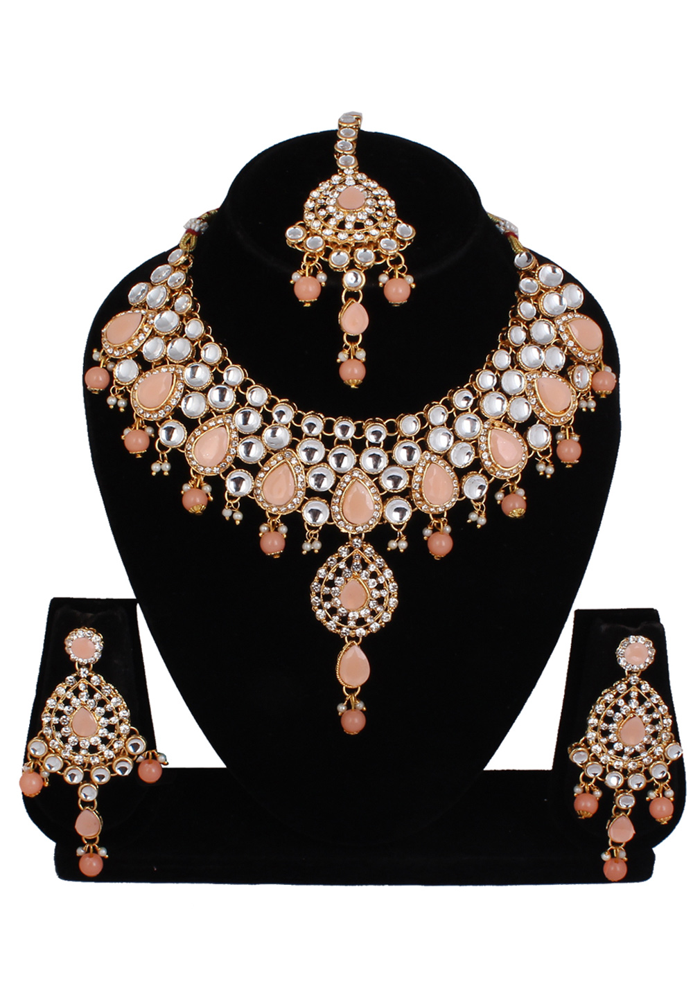 Peach Alloy Necklace Set With Earrings and Maang Tikka 257342