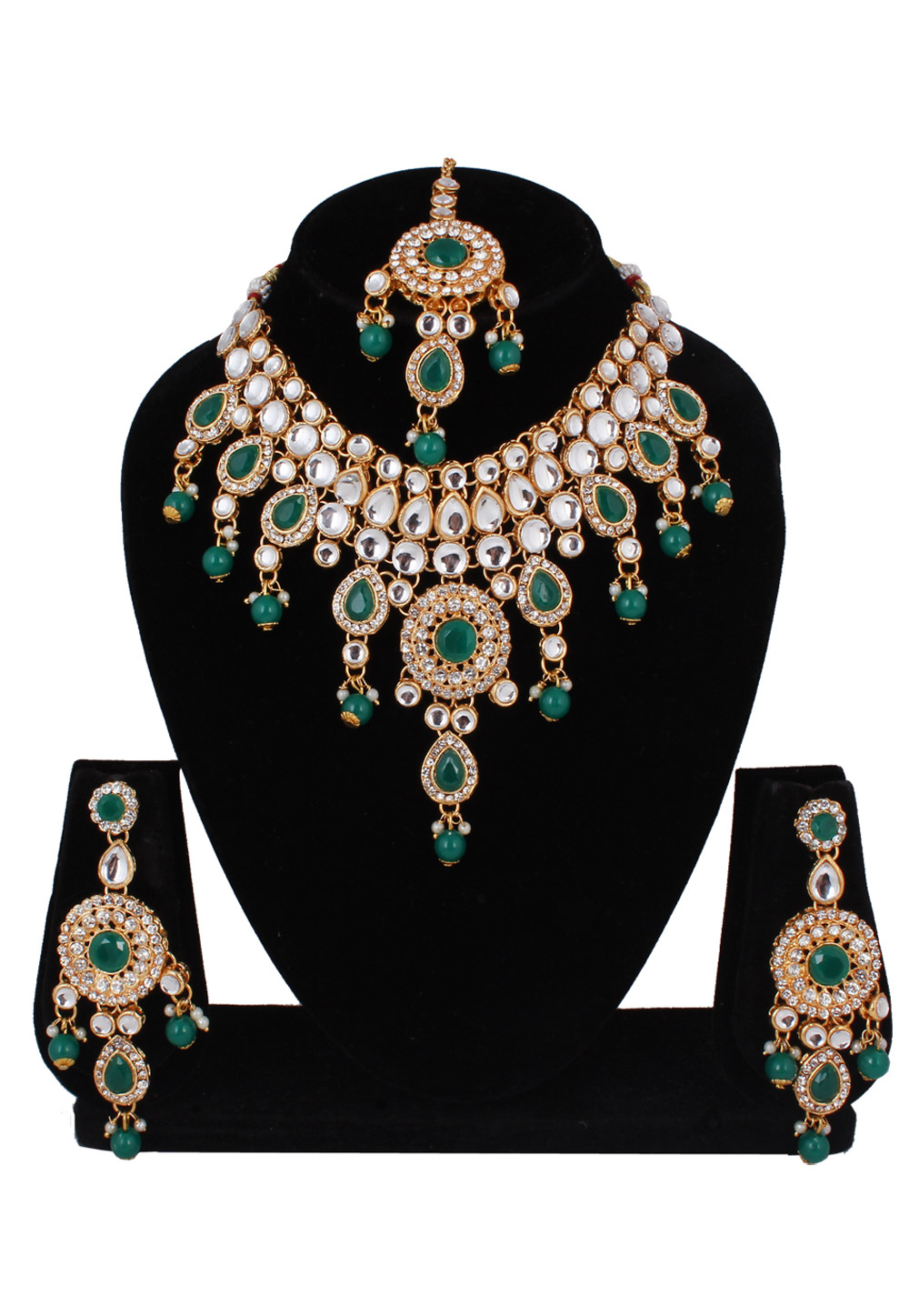 Green Alloy Necklace Set With Earrings and Maang Tikka 257344