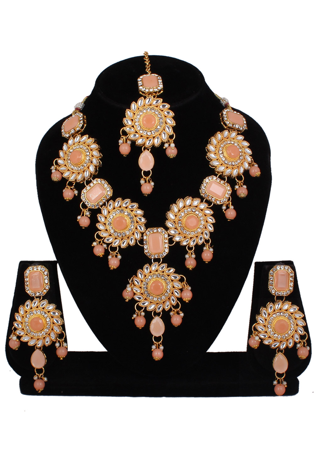 Peach Alloy Necklace Set With Earrings and Maang Tikka 257345