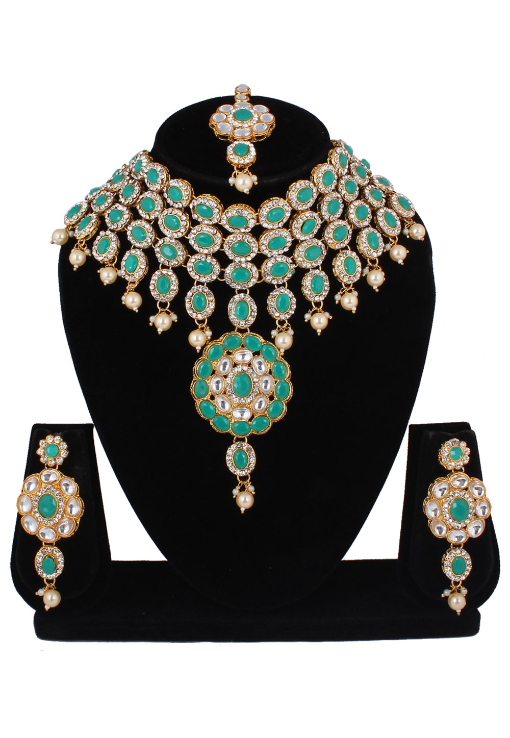 Sea Green Alloy Necklace Set With Earrings and Maang Tikka 257347