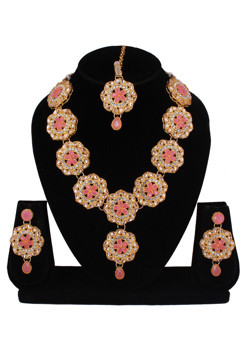Pink Alloy Necklace Set With Earrings and Maang Tikka 257349