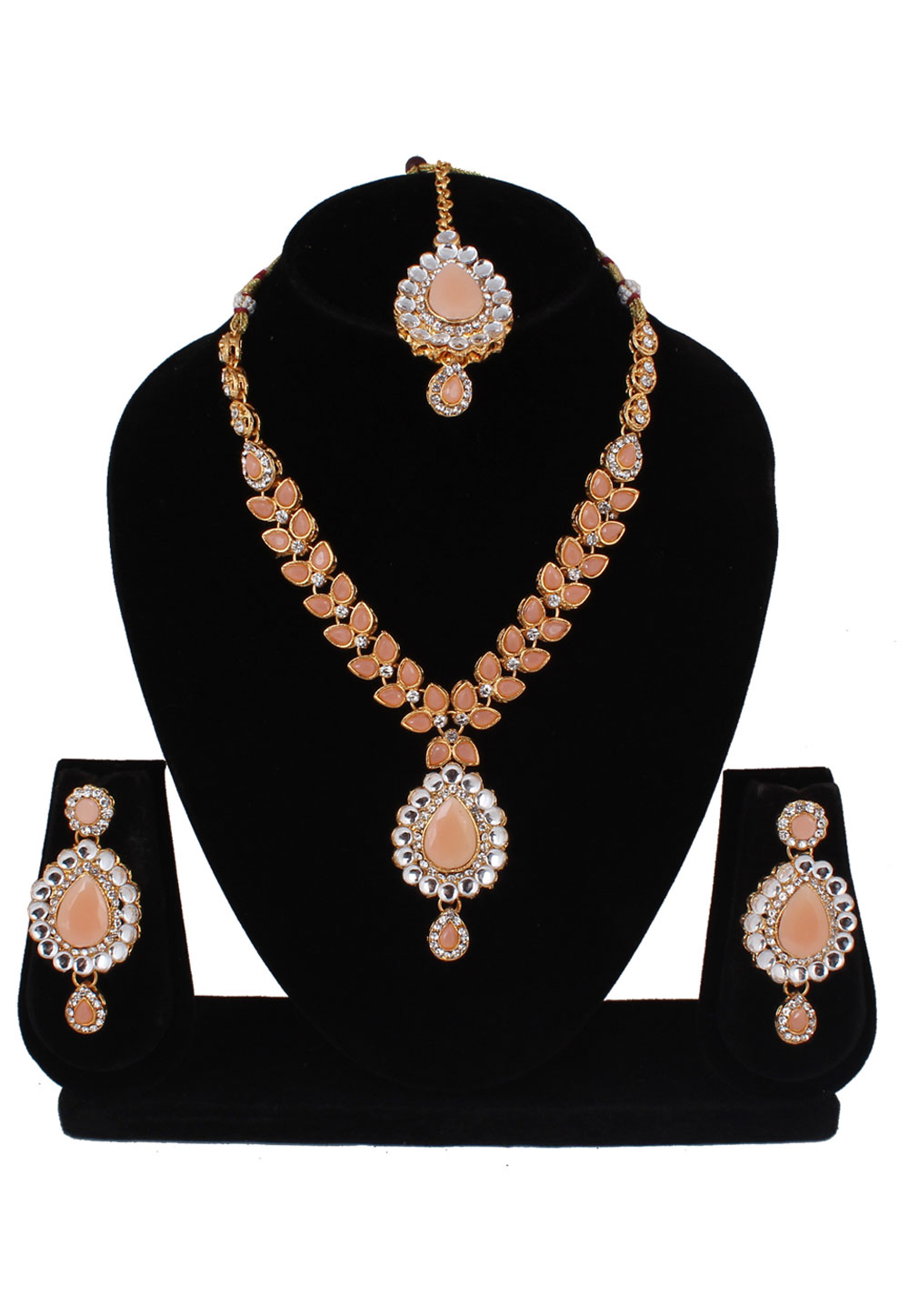 Peach Alloy Necklace Set With Earrings and Maang Tikka 257354
