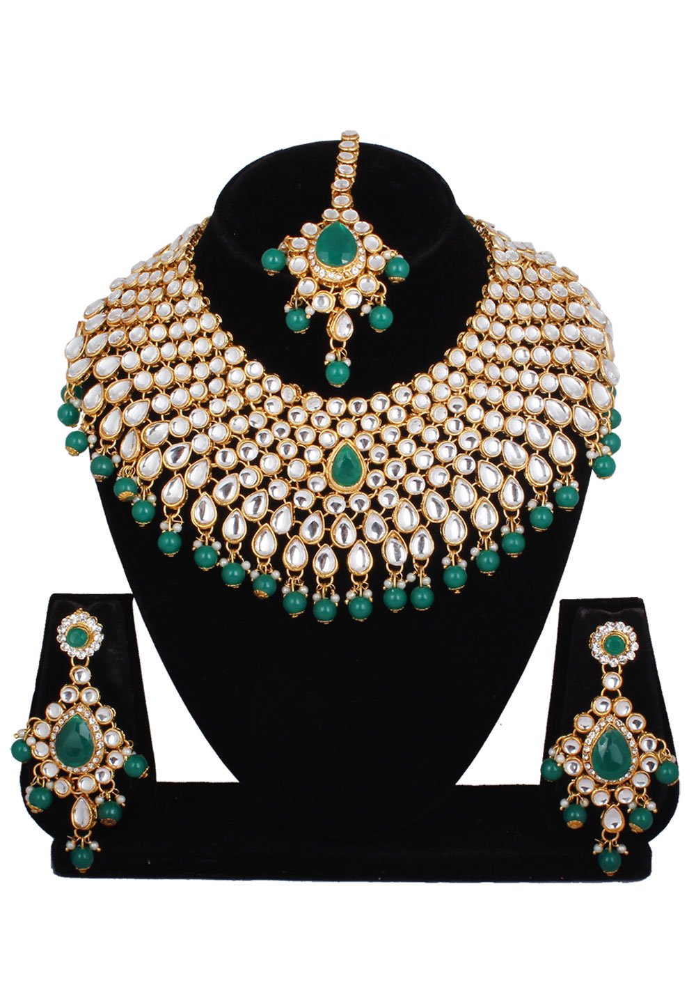 Green Alloy Necklace Set With Earrings and Maang Tikka 257355