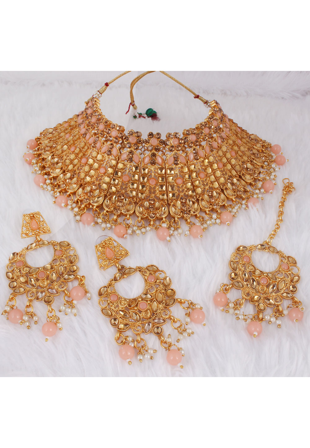 Peach Alloy Necklace Set With Earrings and Maang Tikka 257357