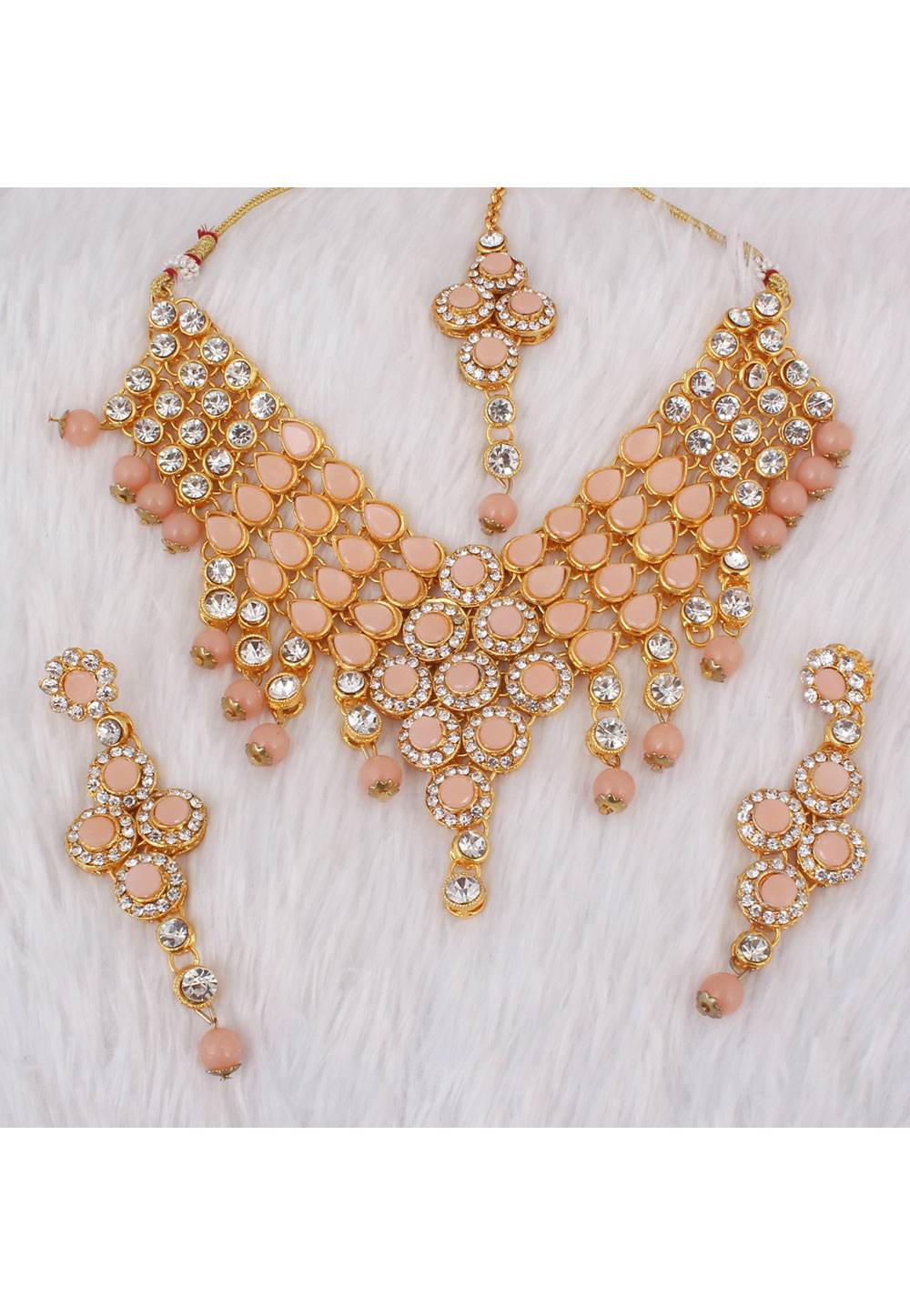 Peach Alloy Necklace Set With Earrings and Maang Tikka 257359