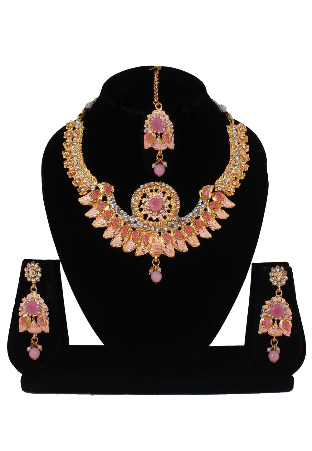 Pink Alloy Necklace Set With Earrings and Maang Tikka 257362