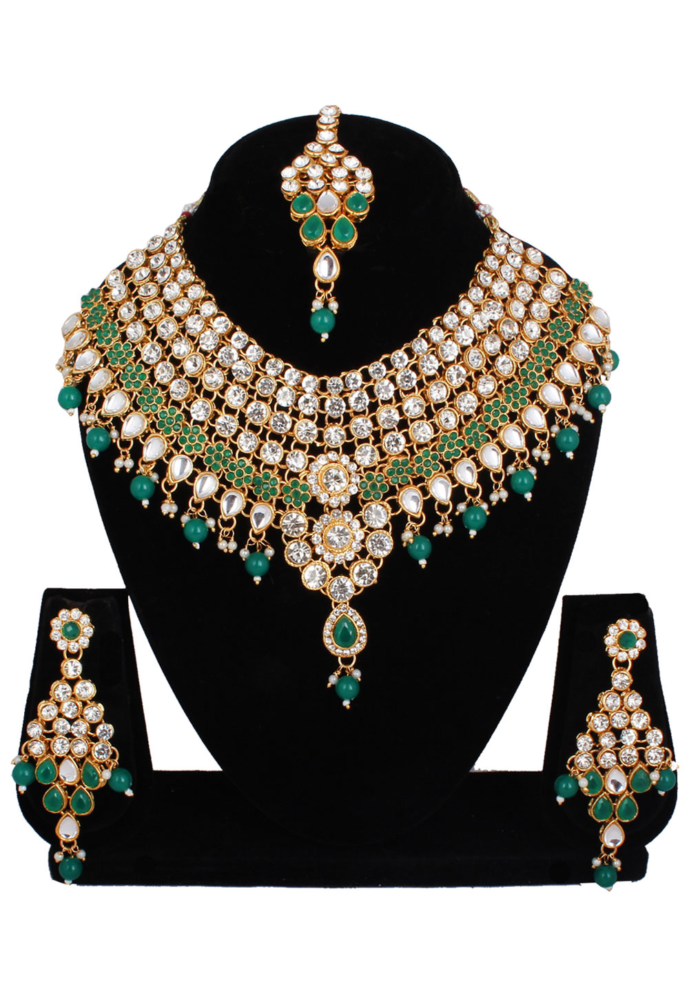 Green Alloy Necklace Set With Earrings and Maang Tikka 257363