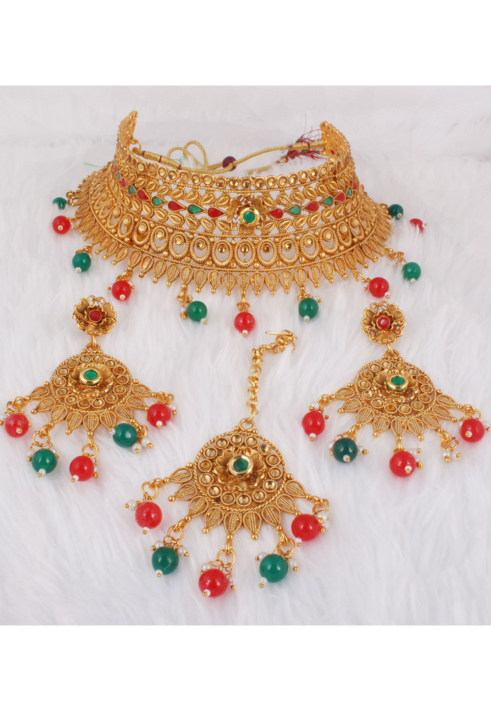 Green Alloy Necklace Set With Earrings and Maang Tikka 257364